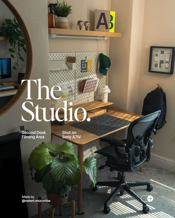 Workspace of a studio lead with a pegboard and desk setup
