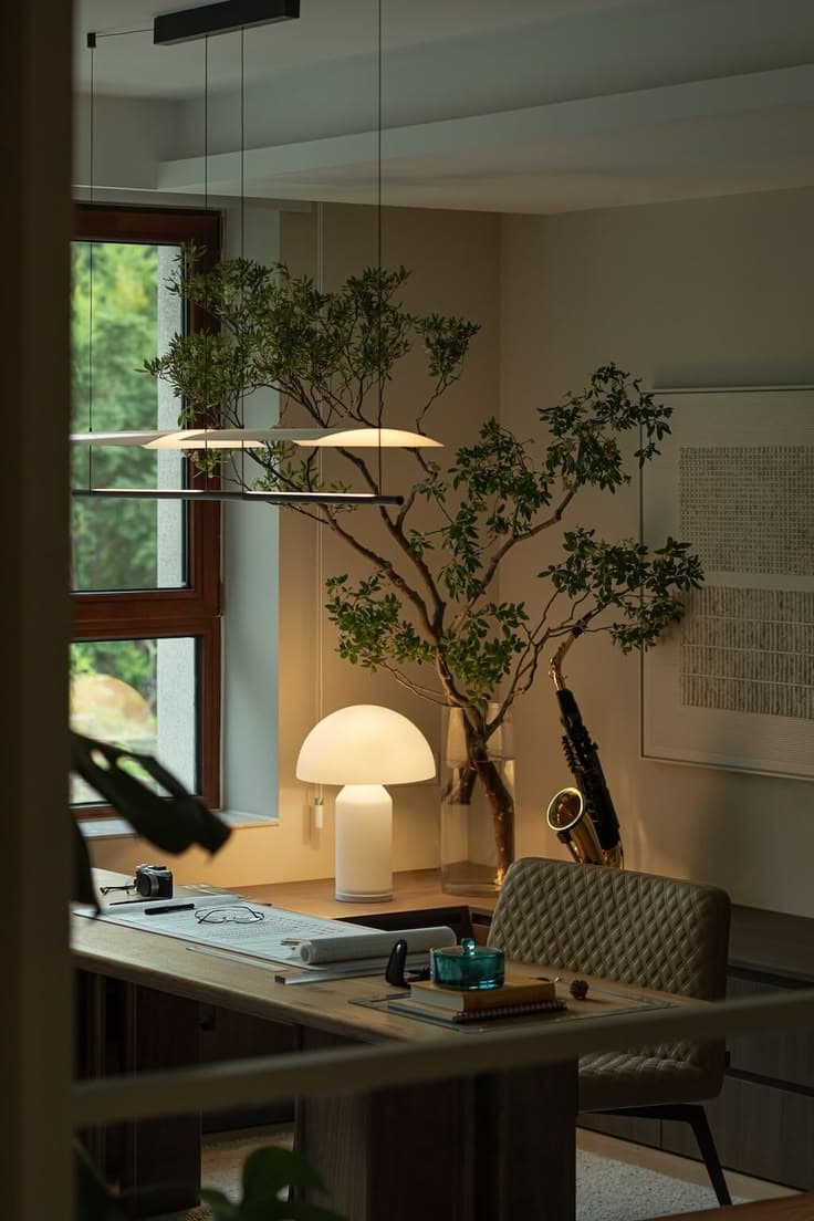 Warm studio corner with a tree, pendant lighting and a working desk