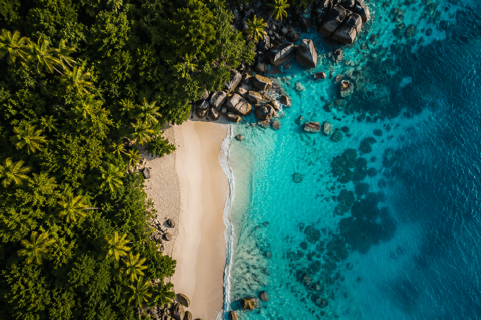 Aerial view of a tropical beach with turquoise water meeting palm forest