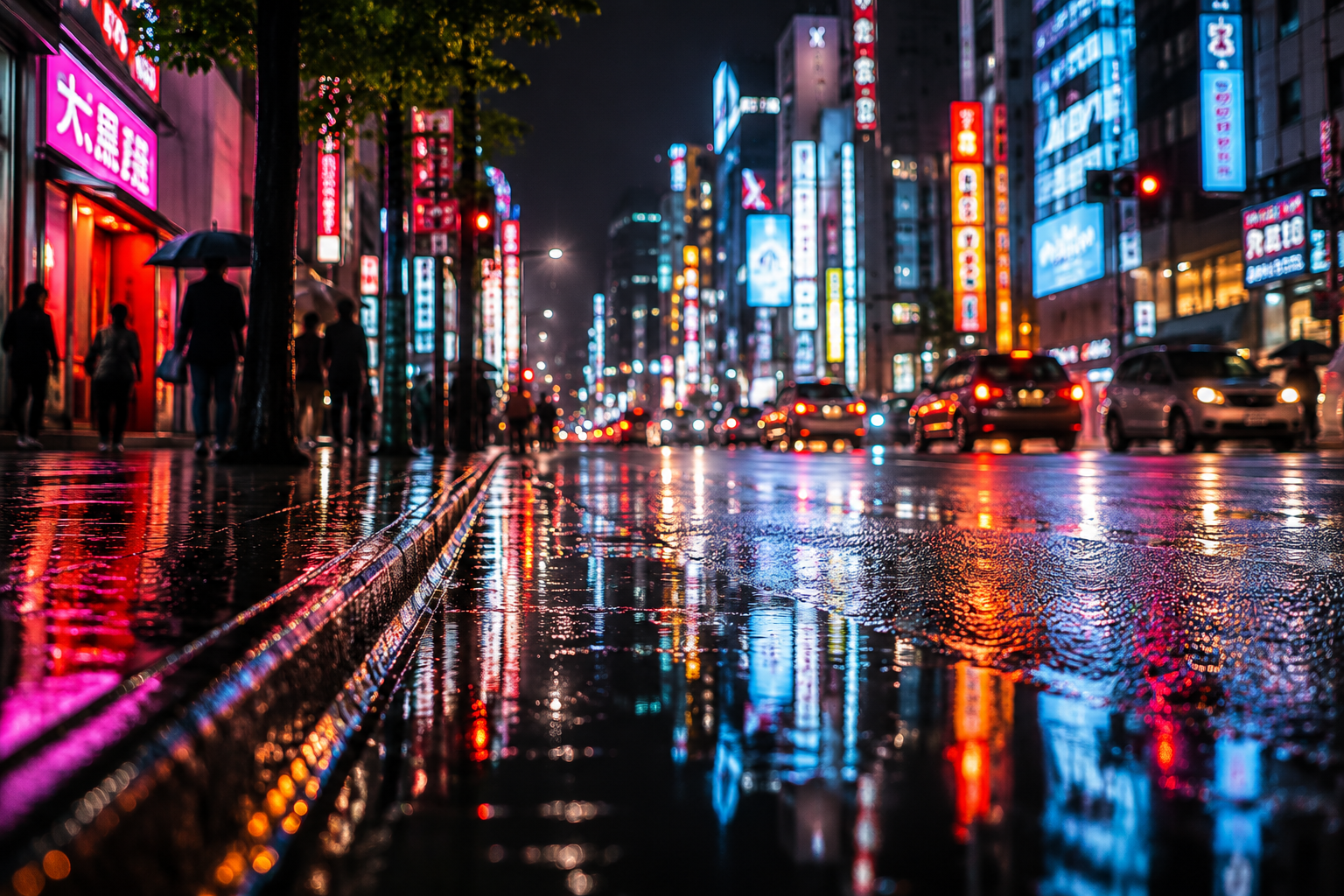 Rain-slicked neon city street at night with reflections on the road